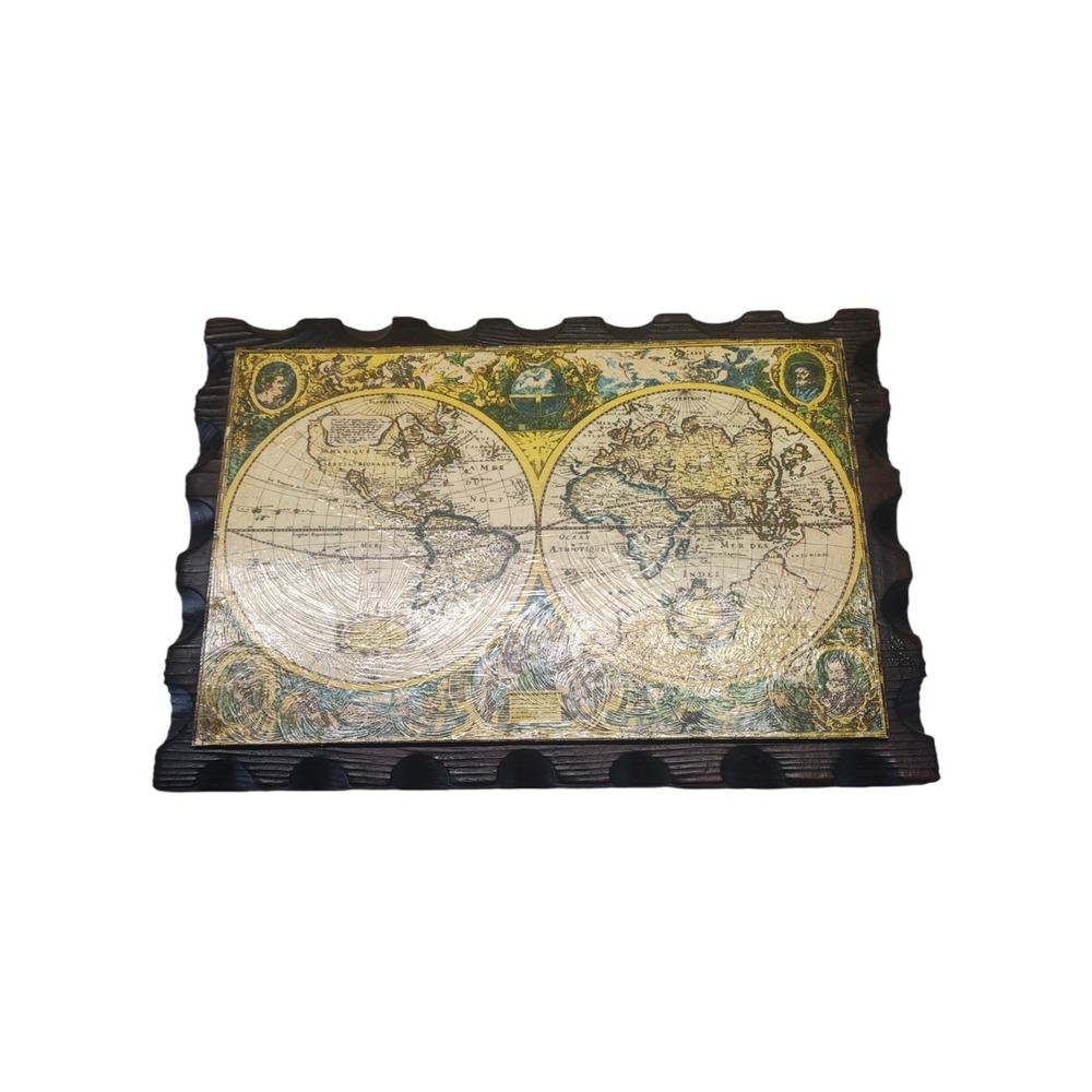 Vintage World Map Wooden Wall Decor Spain Made